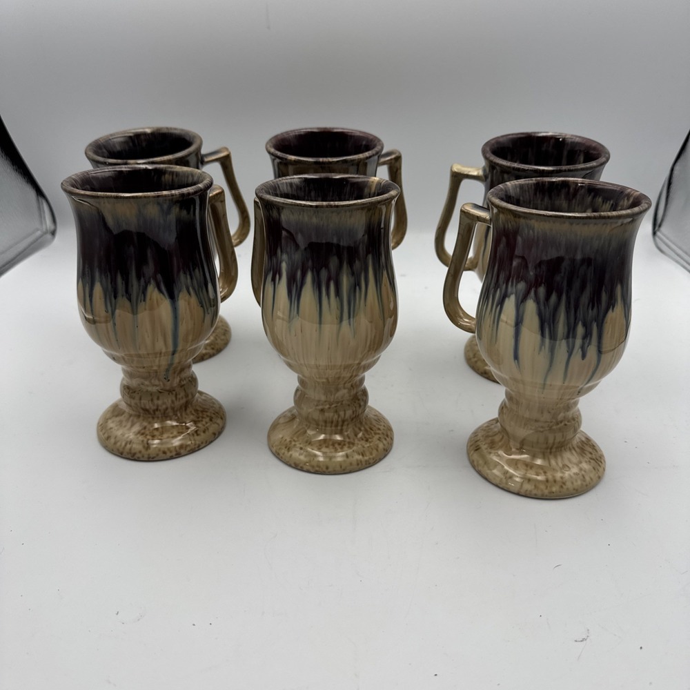 Vintage 1960s Brown Drip Glaze Mugs Set of 6 Mid Century Modern 6in Tall 8oz